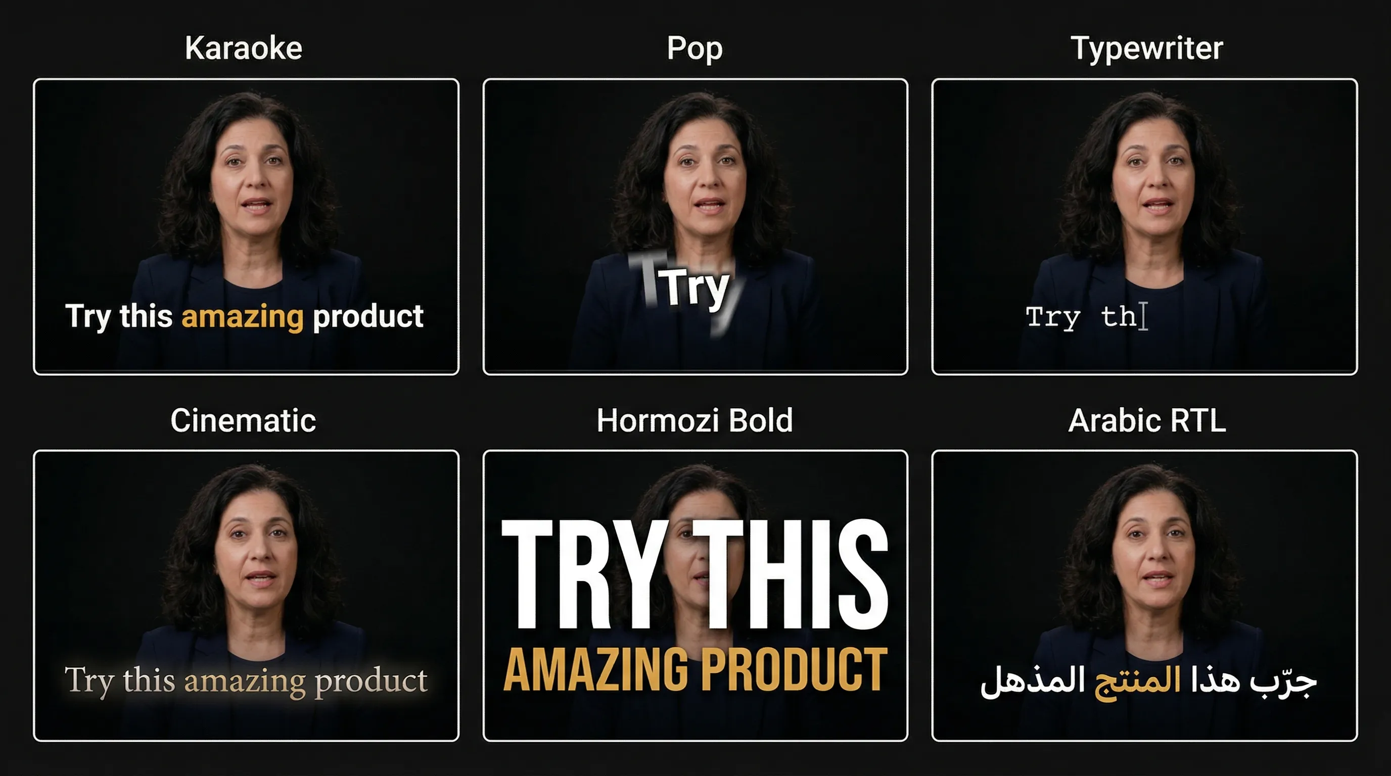 Six caption animation styles — Karaoke, Pop, Typewriter, Cinematic, Hormozi Bold, and Arabic RTL