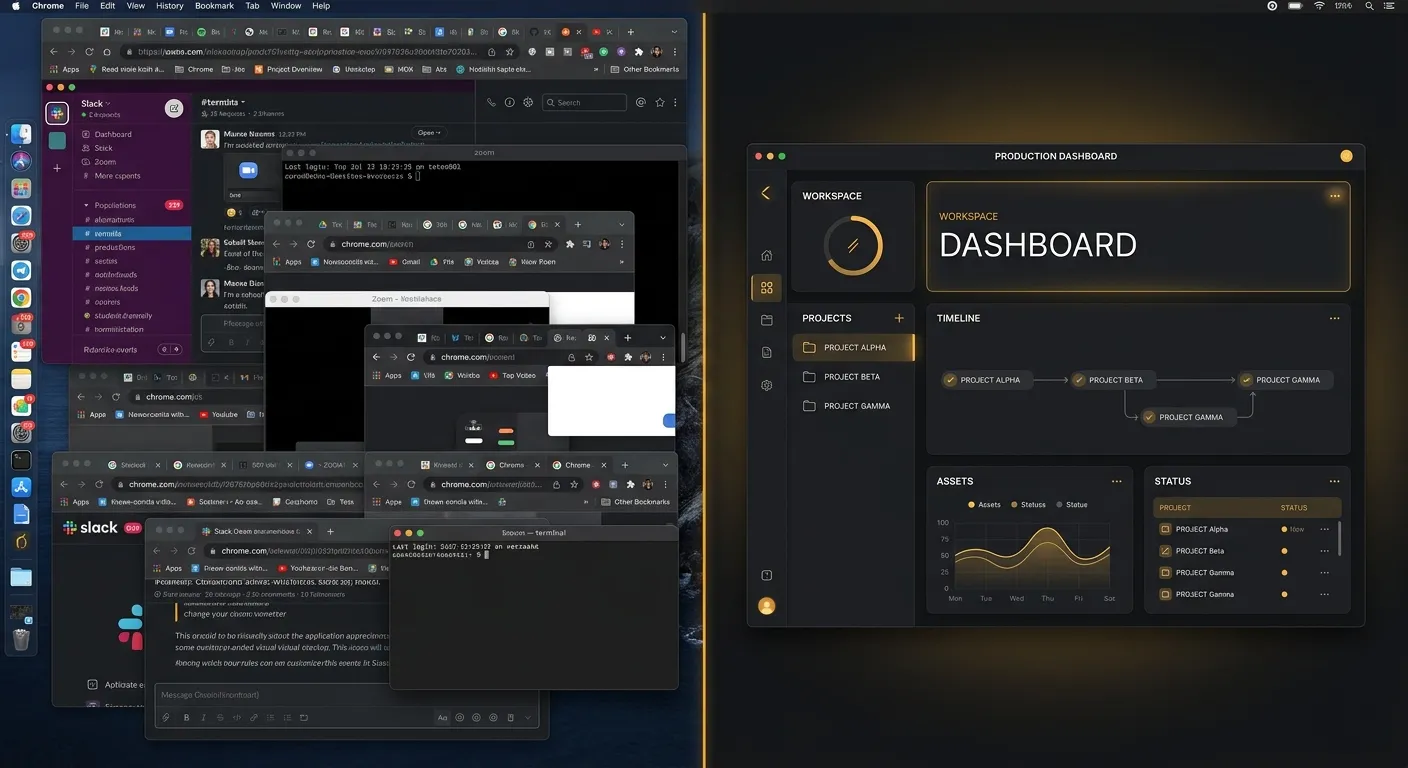 Split screen showing a cluttered desktop with 8 app windows open versus a clean single-app workspace