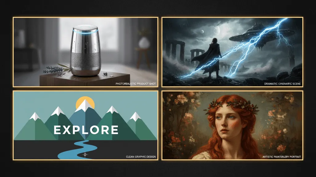 Side-by-side comparison of AI-generated images from GPT Image 1.5, Midjourney v7, FLUX 2 Pro, and Imagen 4 showing the same prompt rendered in different styles