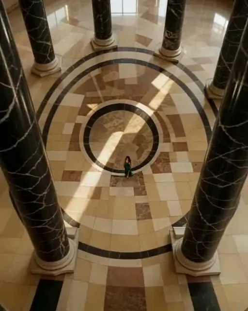 Preview frame of the Crane down move in MeetNour Cinematic Shots: the camera looks straight down from high above a marble hall, the woman a tiny figure between dark columns