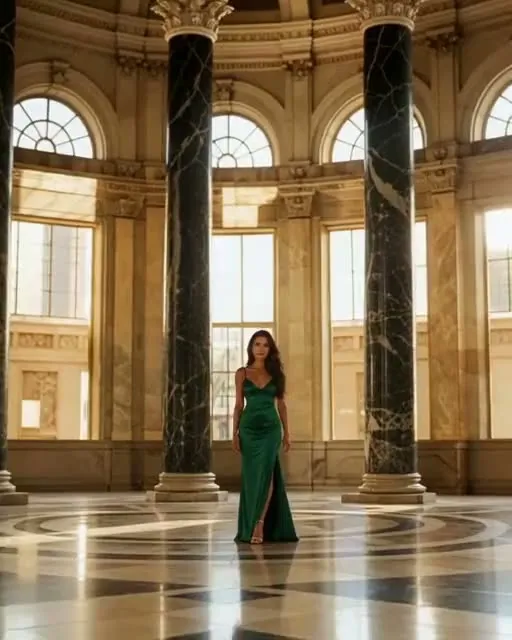 Preview frame of the Establishing shot move in MeetNour Cinematic Shots: a wide view of a marble hall with arched windows, the woman small in the center