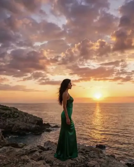 Preview frame of the Fast motion move in MeetNour Cinematic Shots: a woman in a green dress standing on rocks by the sea under a sunset sky