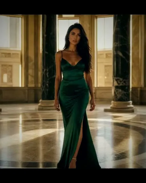 Preview frame of the Film look move in MeetNour Cinematic Shots: a woman in a green dress in a marble hall, framed with black bars top and bottom
