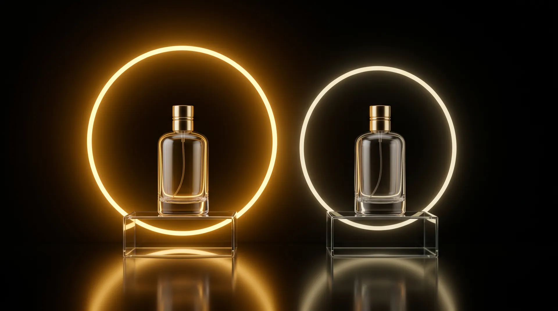 Two identical glass perfume bottles with gold caps on clear plinths, each framed by a glowing ring, for a side-by-side product photo comparison