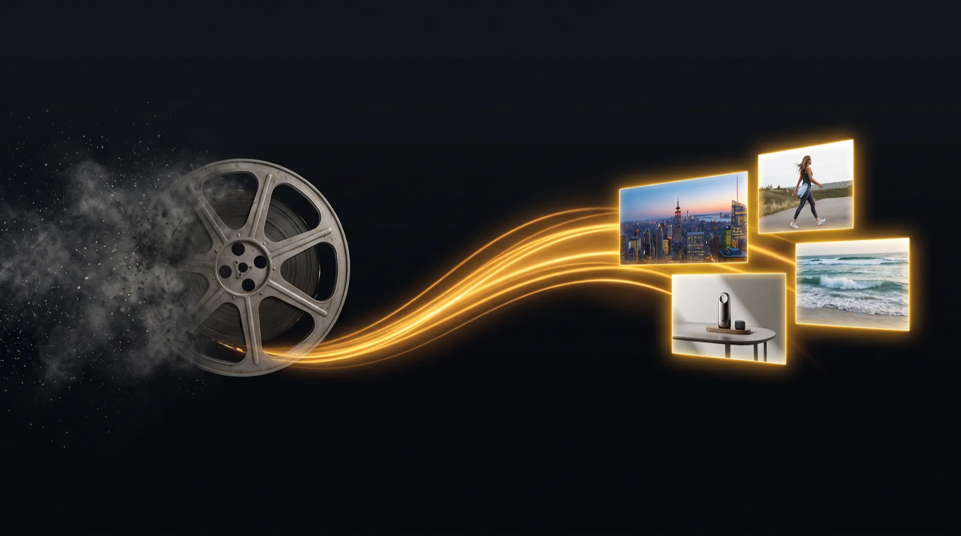 Old film reel crumbling into dust on the left, with golden light streams leading to new video frames of a city skyline, a walker, a product and ocean waves