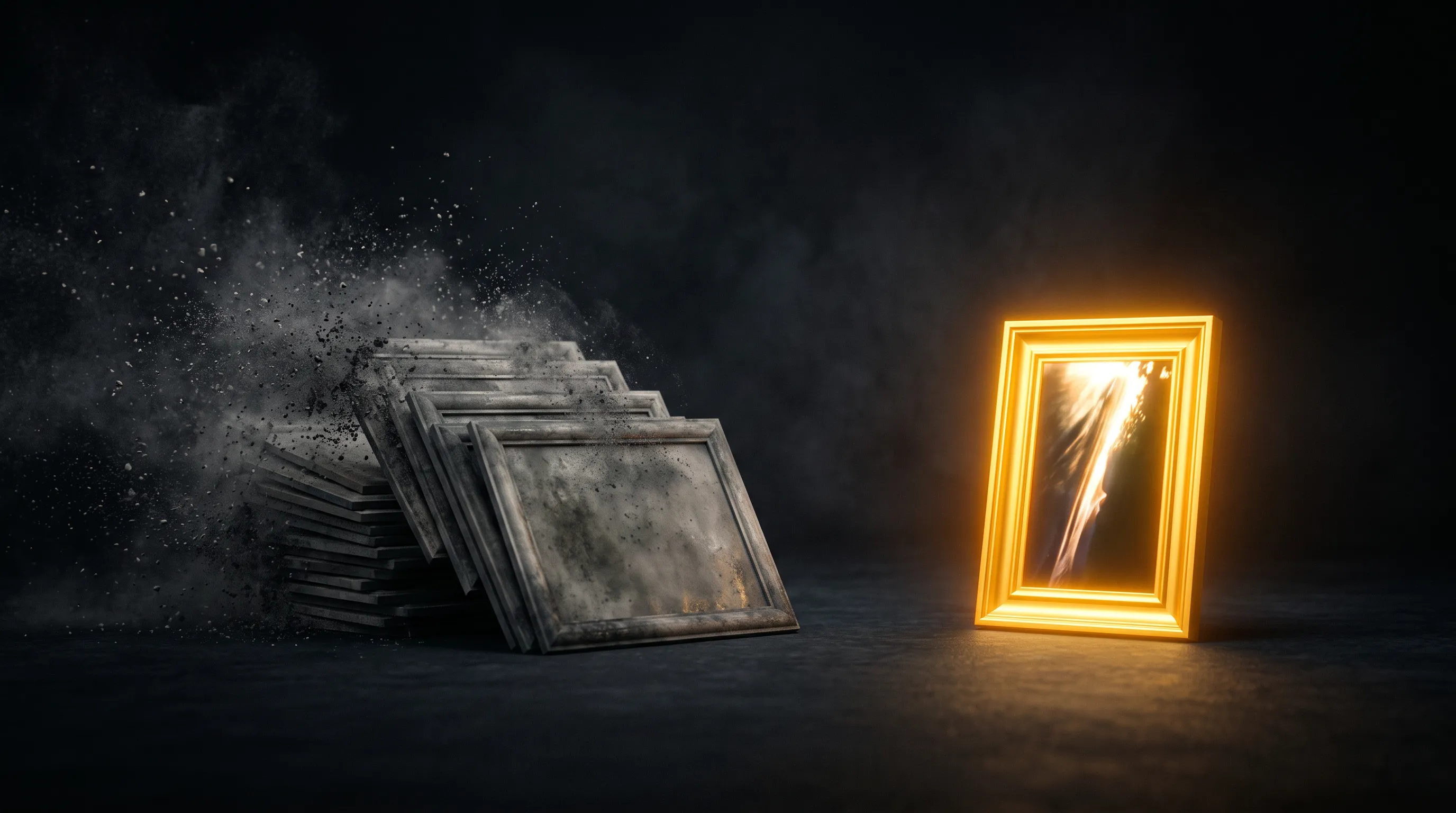 A stack of grey copied picture frames crumbling to dust beside one glowing golden frame holding a fresh original image, MeetNour
