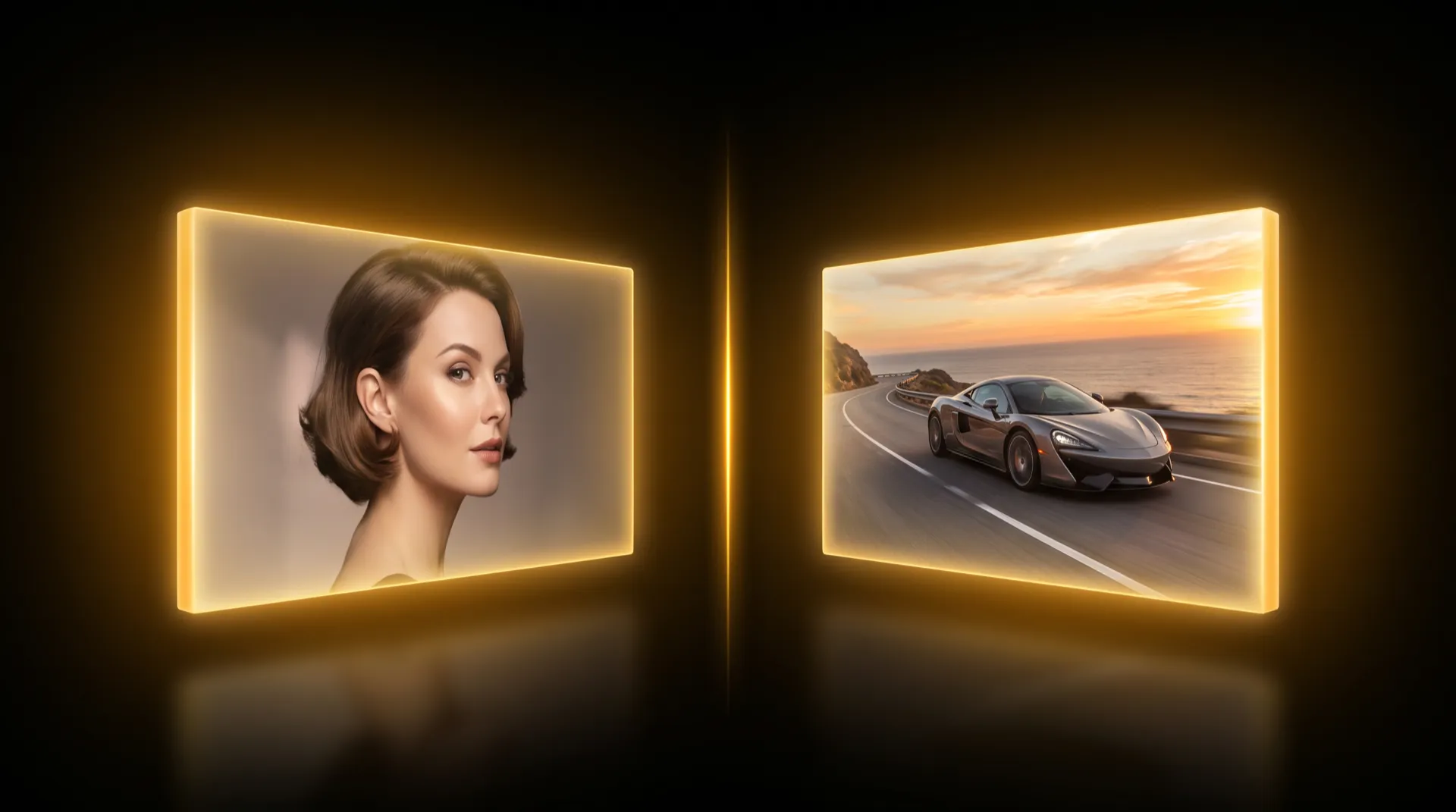 Two glowing screens side by side: a close-up portrait of a woman on the left and a sports car on a coastal road at sunset on the right