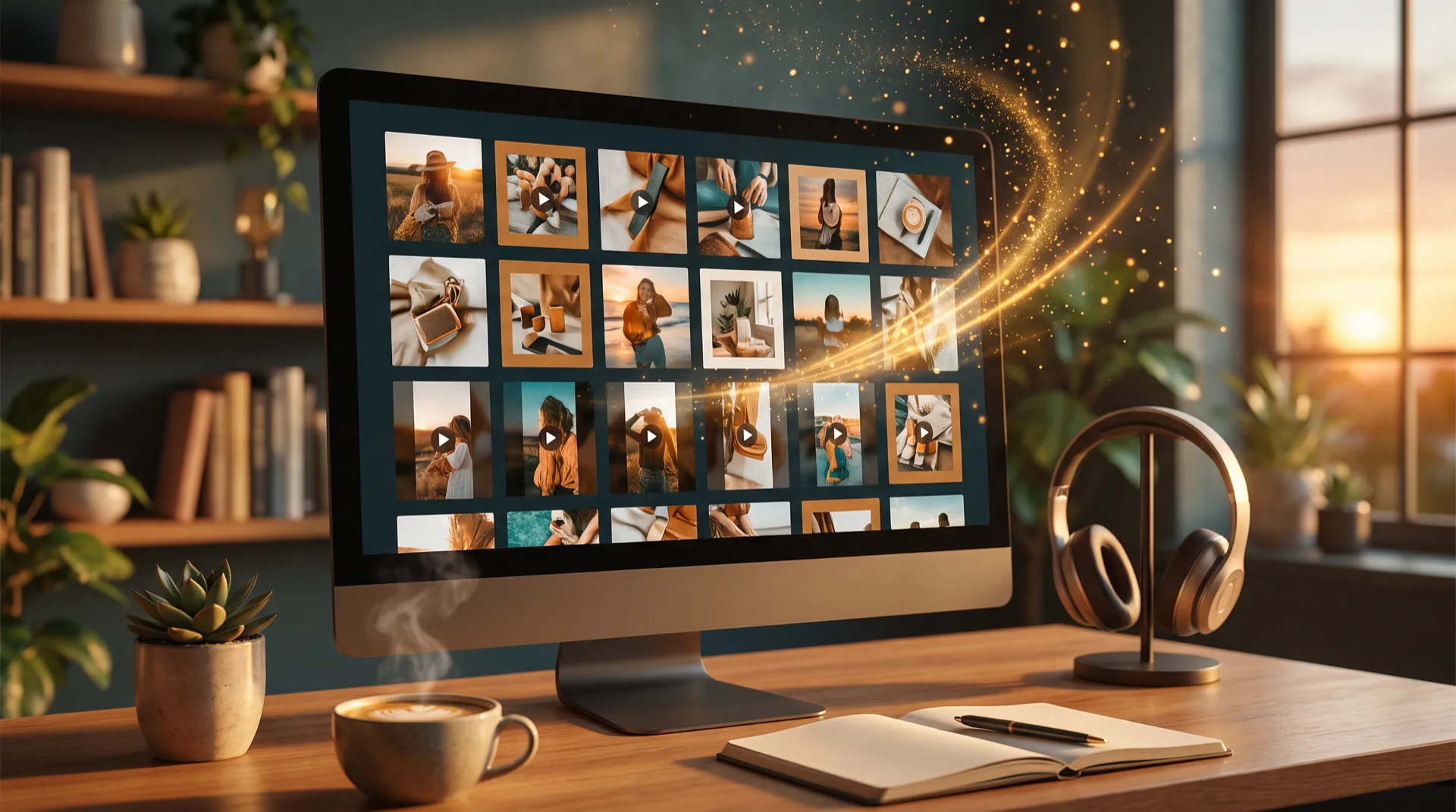 A creator desk at golden hour with a monitor showing a gallery grid of finished on-brand images and short video clips, golden light streaming out of the screen