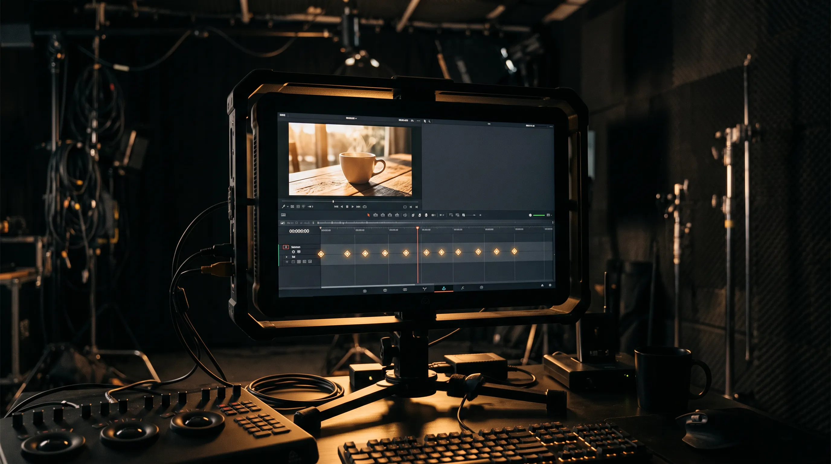 A director's monitor in a dark studio showing a 30-second video timeline with ten golden keyframe markers, MeetNour