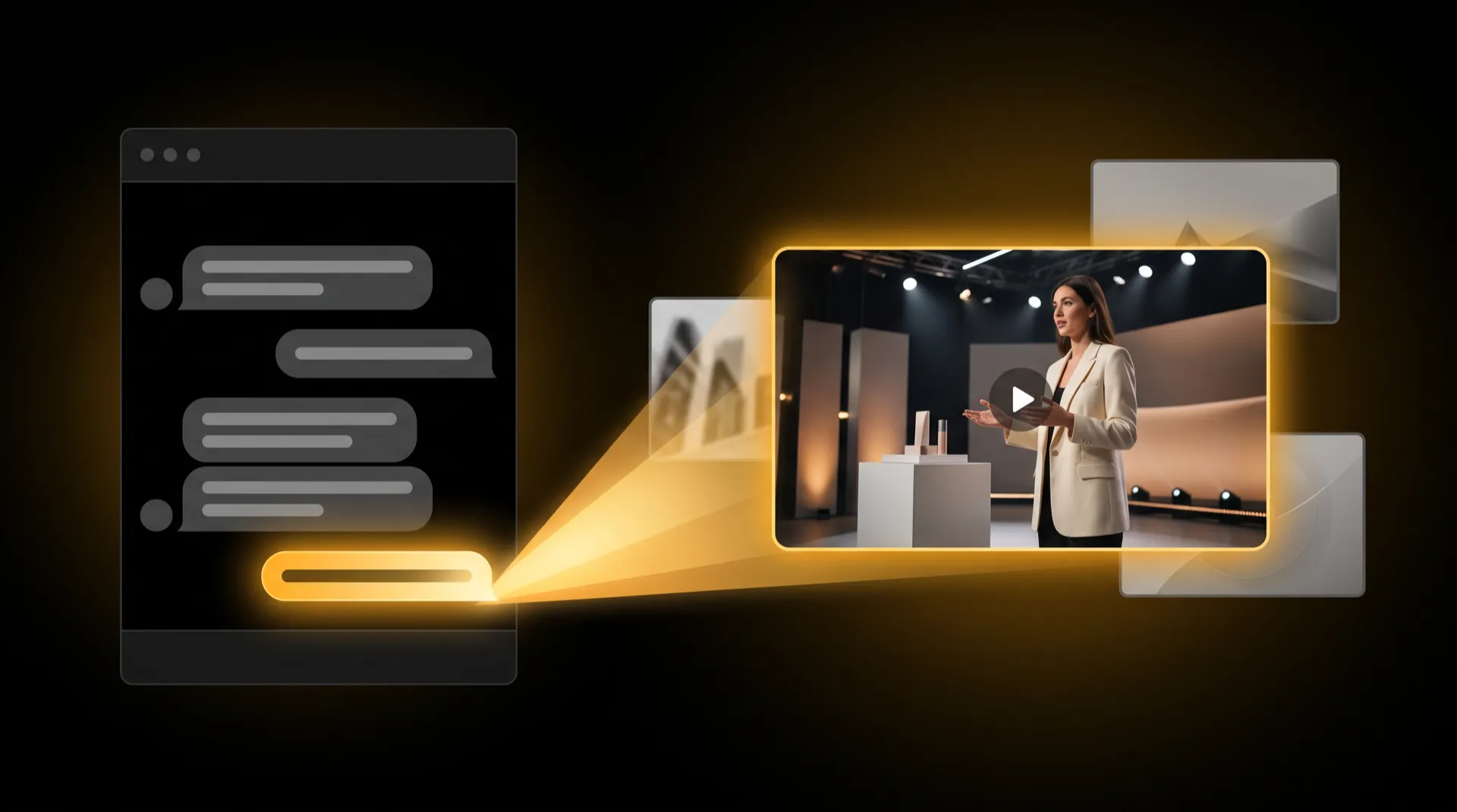 Chat window whose last message beams into a video frame of a presenter beside a product on a lit stage