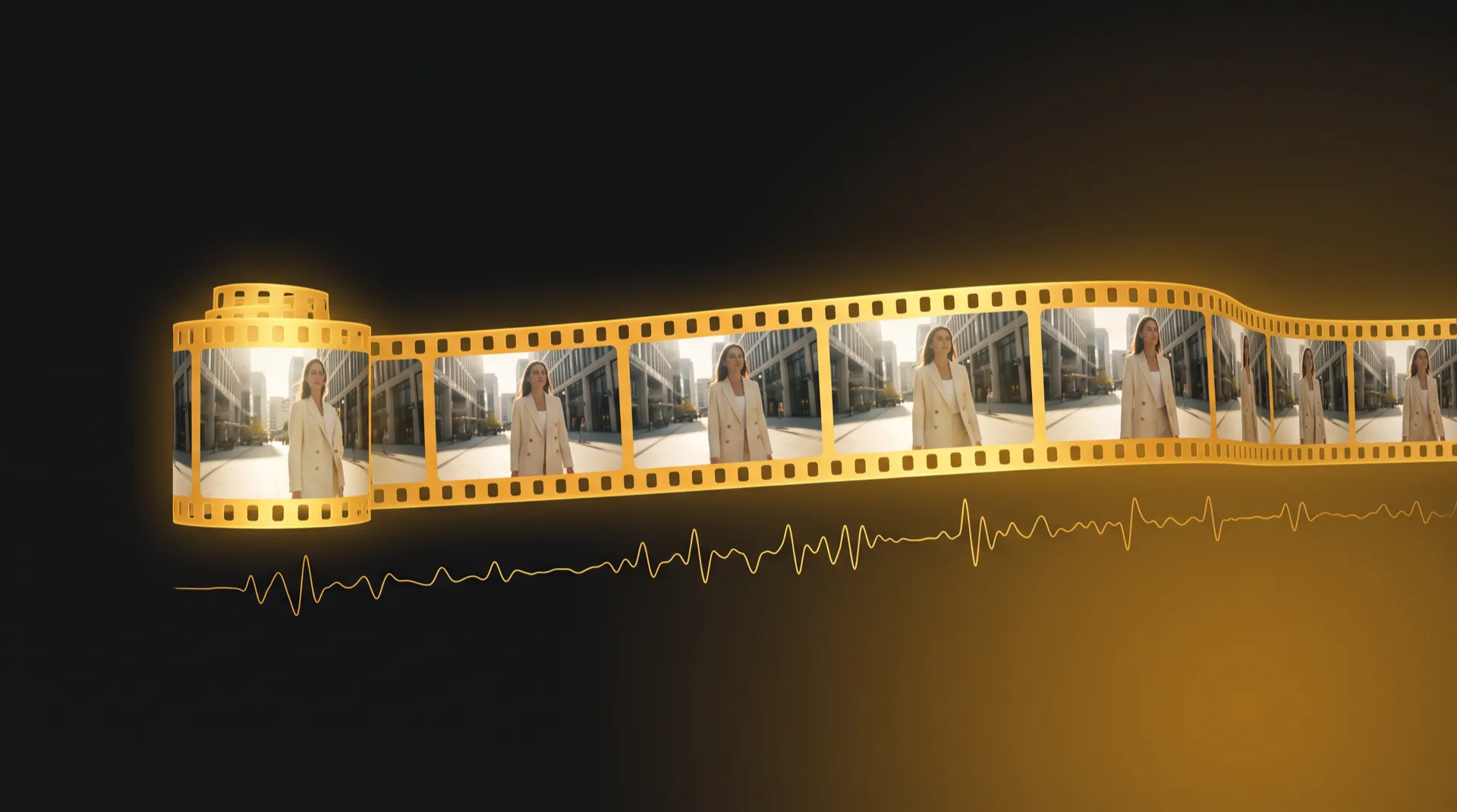 Golden film strip of a woman in a cream suit walking down a sunlit city street, with a sound waveform running beneath the frames