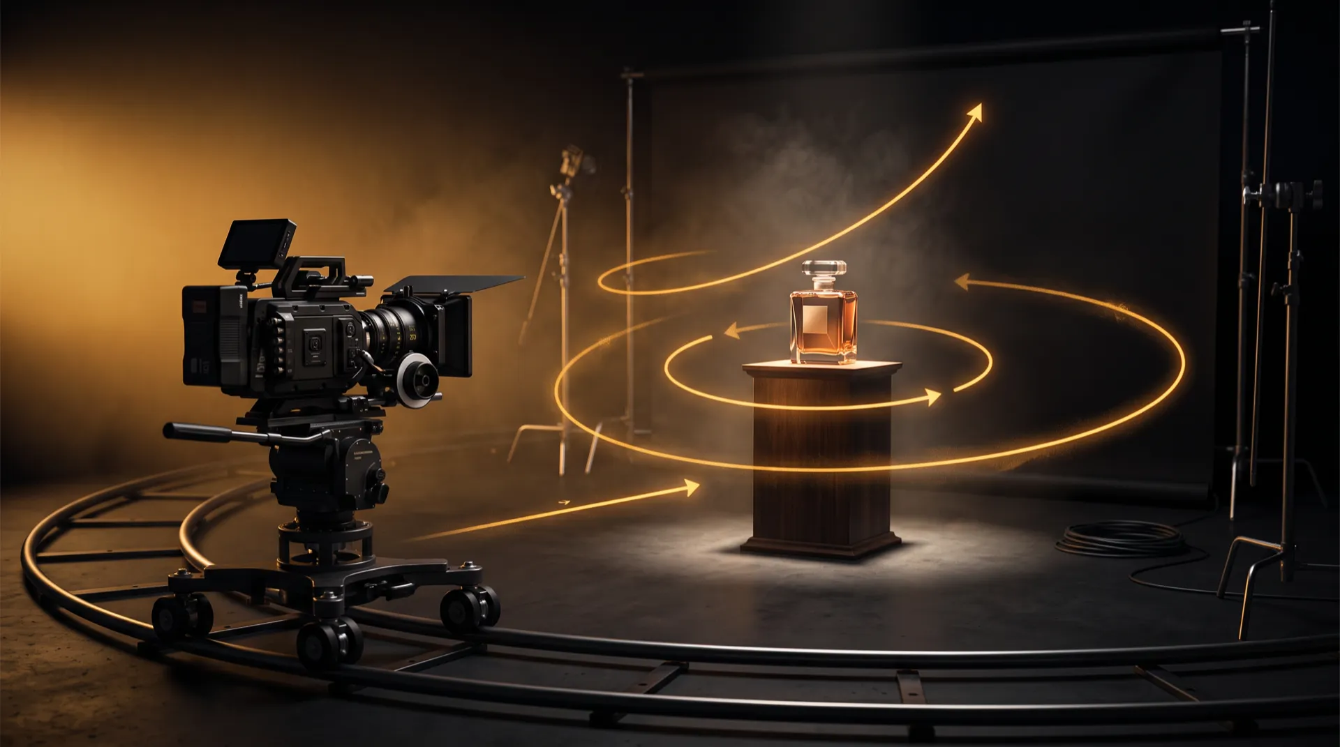 Cinema camera on a curved dolly track with glowing arrows showing an orbit and a crane move around a perfume bottle on a plinth