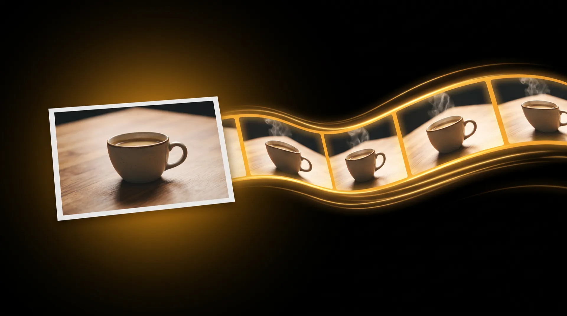 Still photo of a coffee cup on a wooden table turning into a film strip of moving frames with rising steam