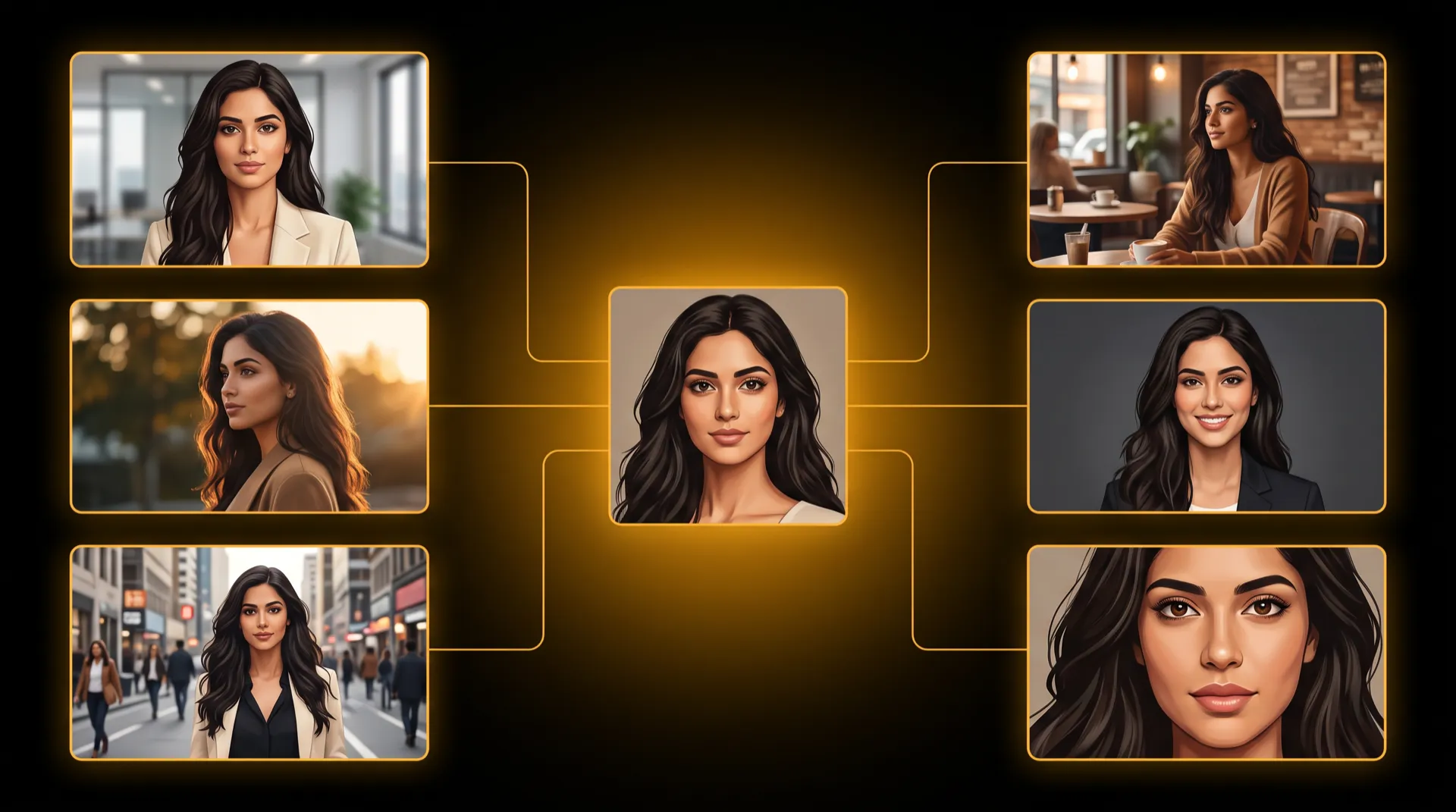 The same AI-generated woman with long dark hair shown in six scenes, office, café, street, sunset and studio, linked to one central portrait
