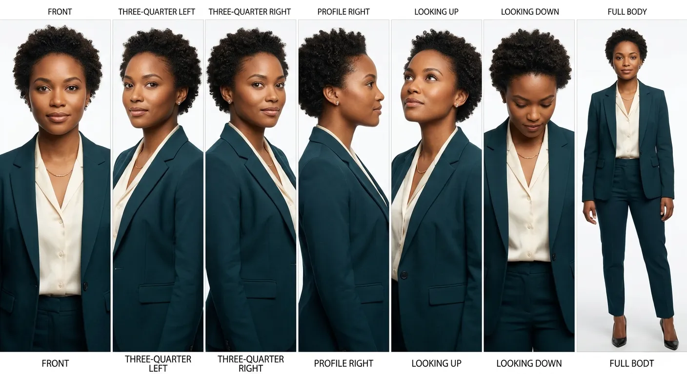 7-panel identity sheet showing an AI avatar from seven different angles — front, three-quarter left, three-quarter right, profile, looking up, looking down, and full body