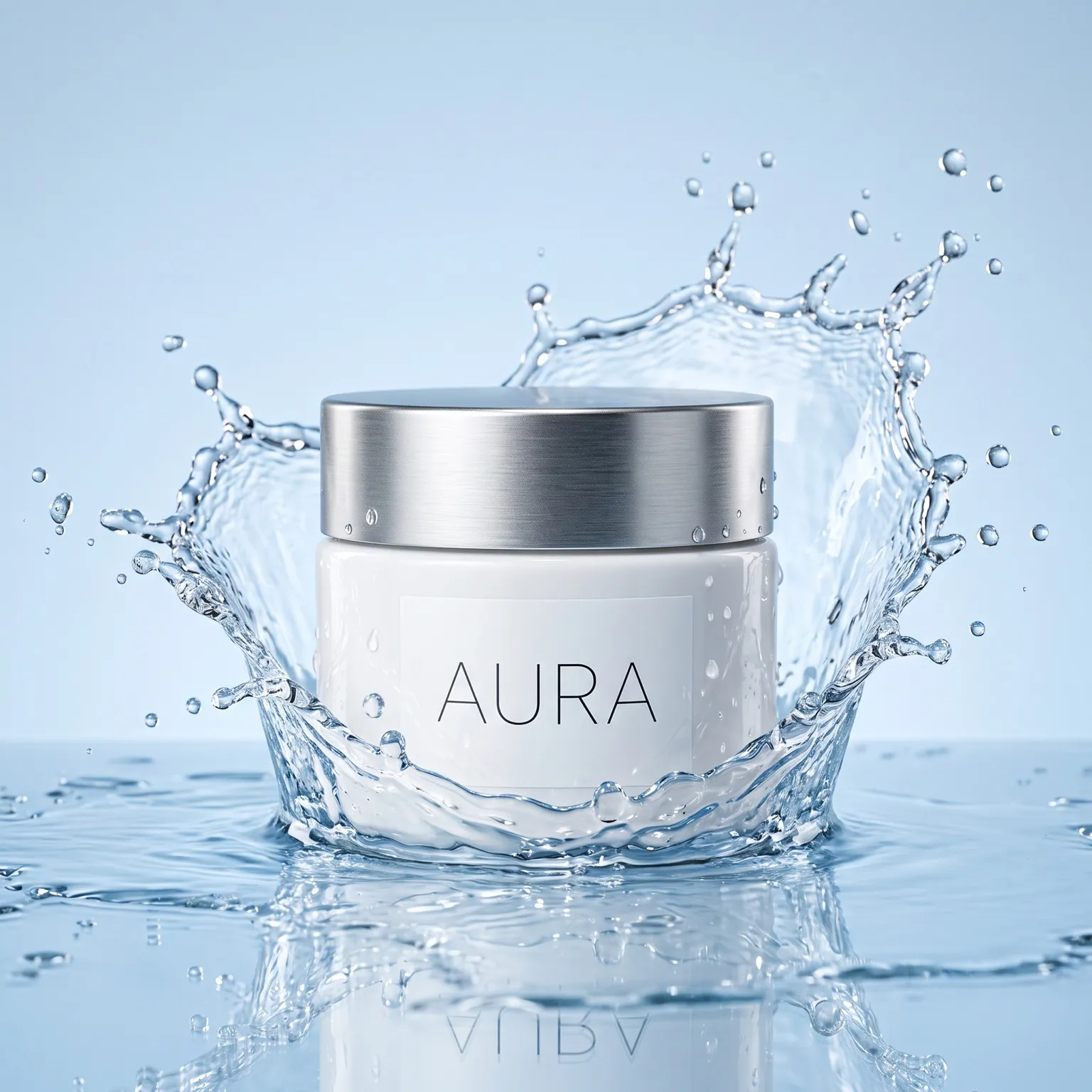 White skincare jar labelled AURA in a water splash generated with Nano Banana 2 in MeetNour