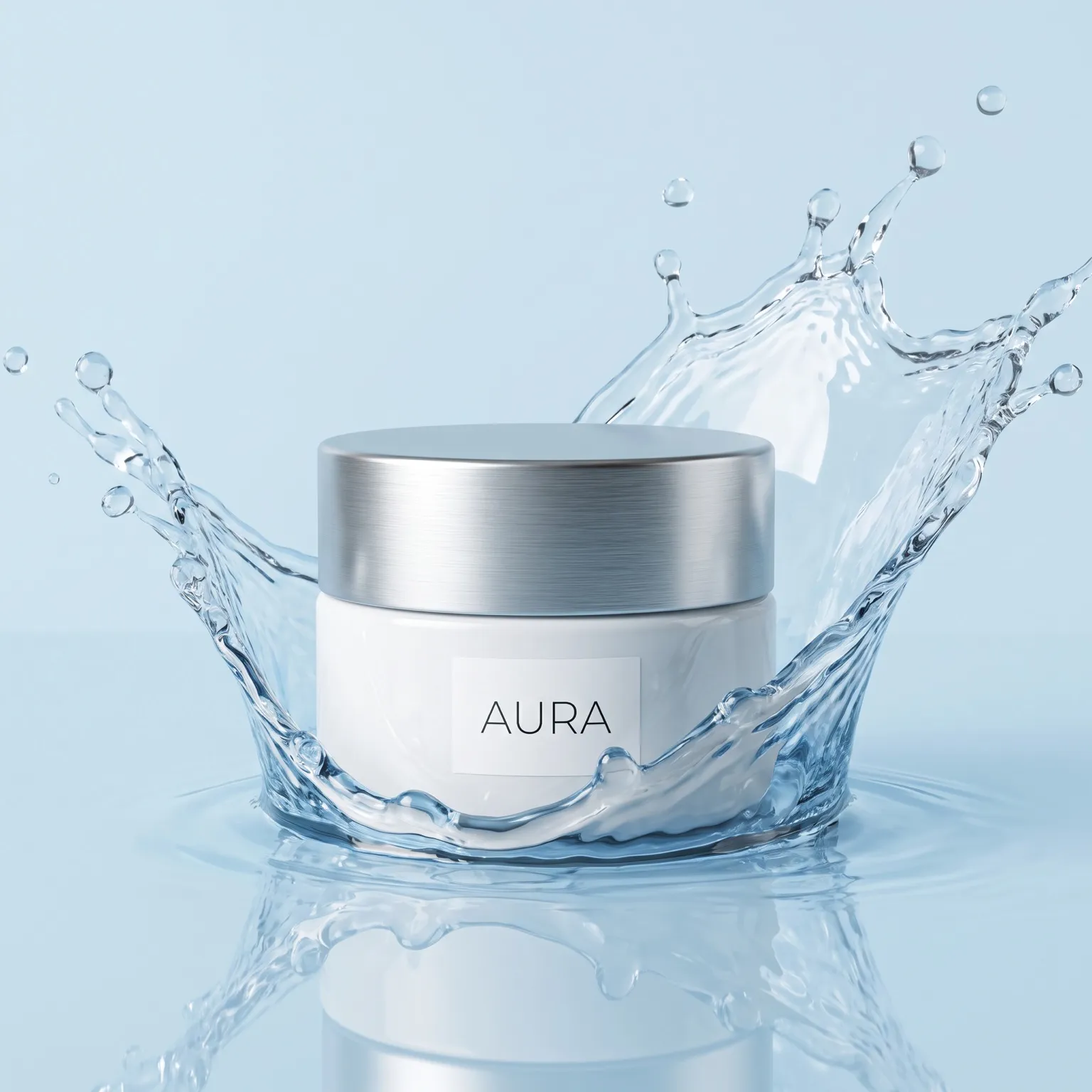 White skincare jar labelled AURA in a water splash generated with Nano Banana Pro in MeetNour