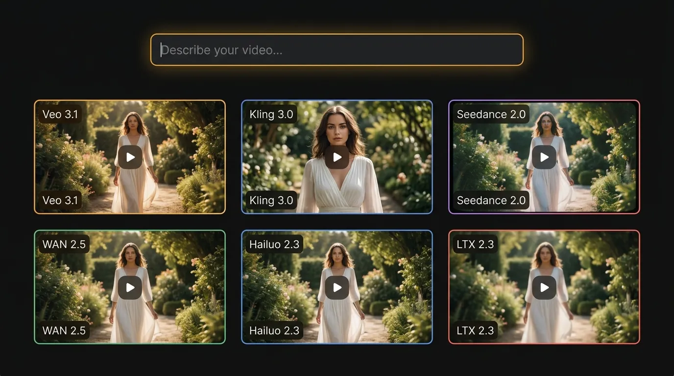 One prompt generating six different video results from six AI models — Veo, Kling, Seedance, WAN, Hailuo, and LTX