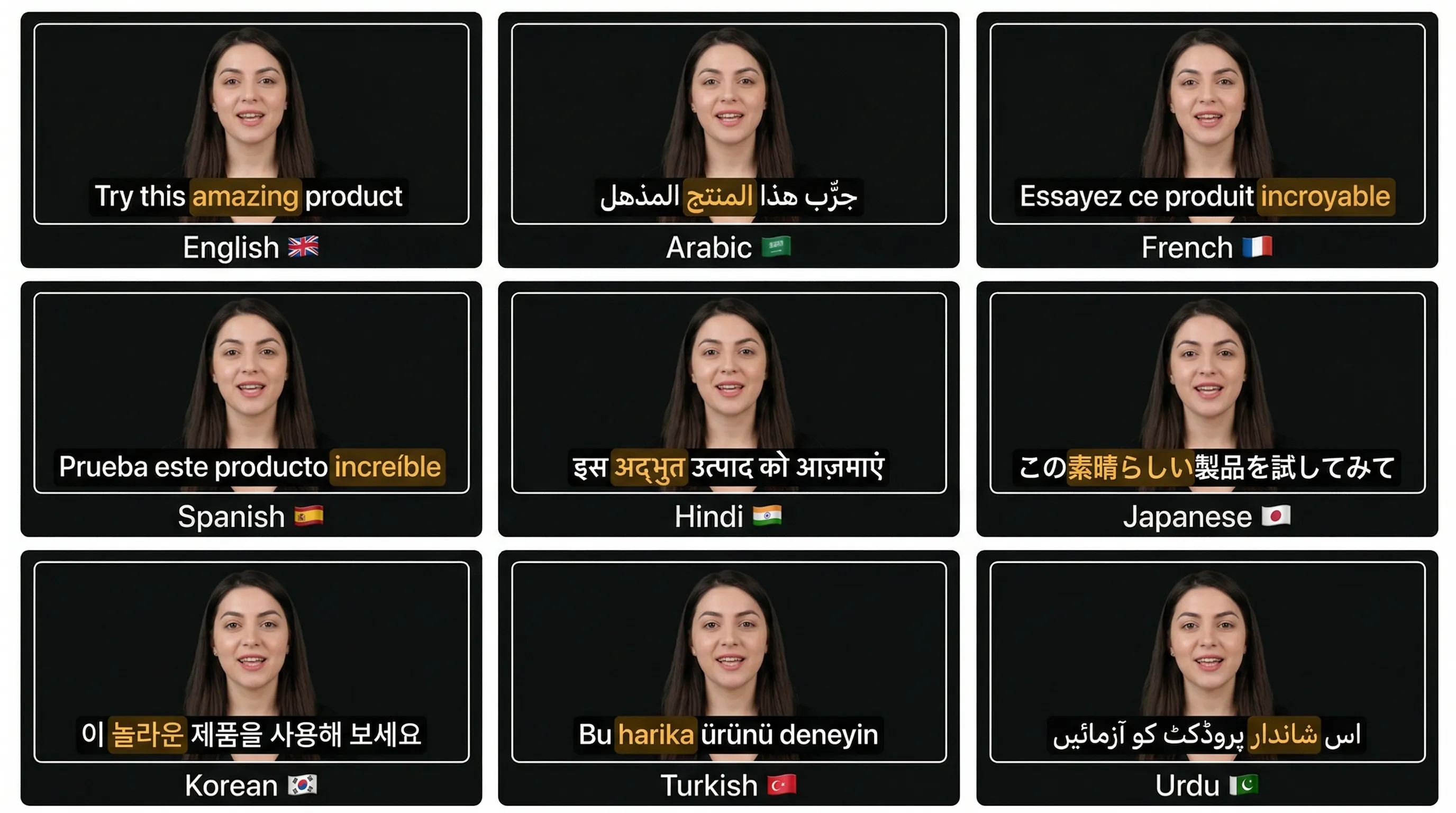 Nine video frames showing AI captions in English, Arabic, French, Spanish, Hindi, Japanese, Korean, Turkish, and Urdu