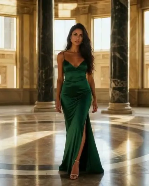Preview frame of the Orbit left move in MeetNour Cinematic Shots: a woman in a green satin dress standing in a marble hall with dark columns
