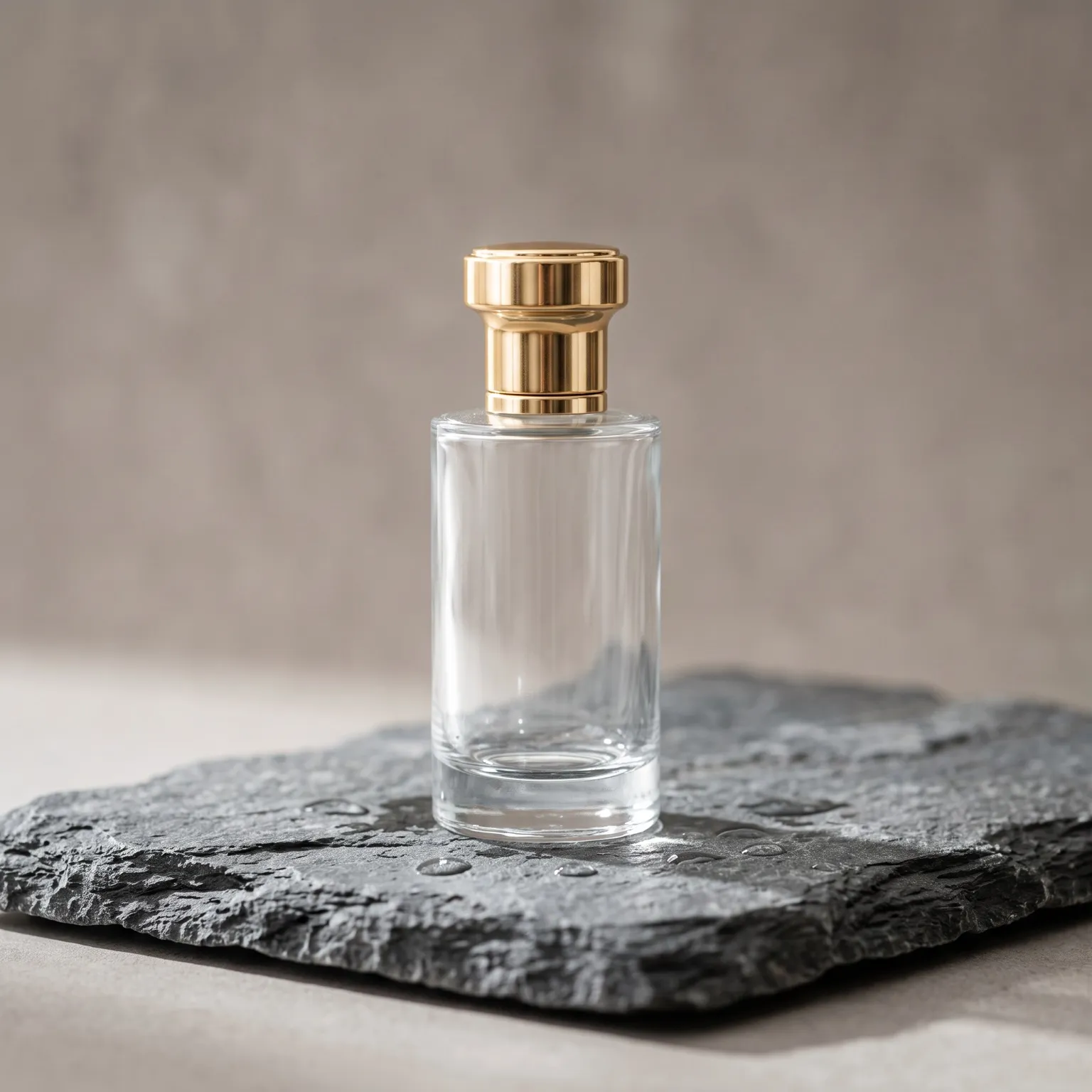 Perfume bottle with a gold cap on a slate slab generated with Nano Banana 2 in MeetNour
