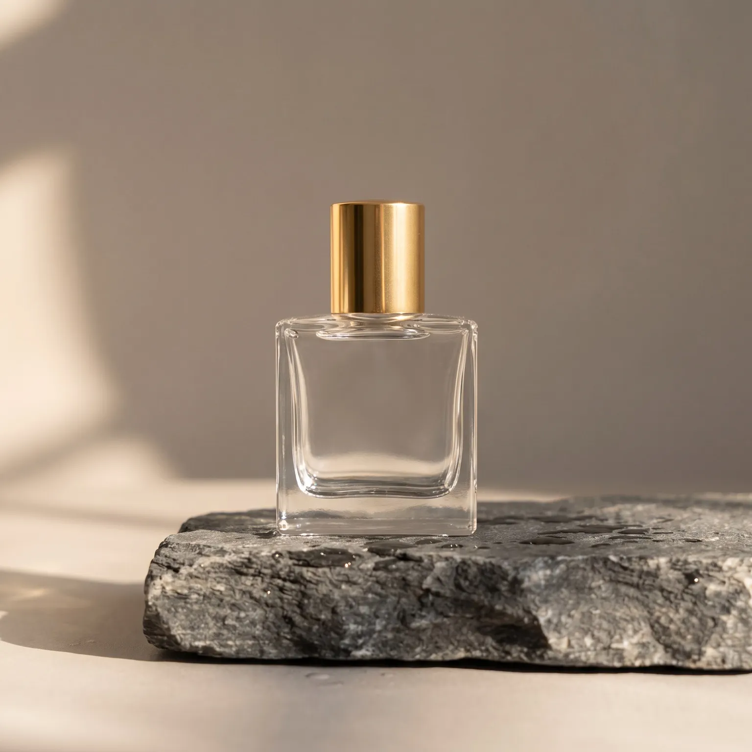 Perfume bottle with a gold cap on a slate slab generated with Nano Banana Pro in MeetNour