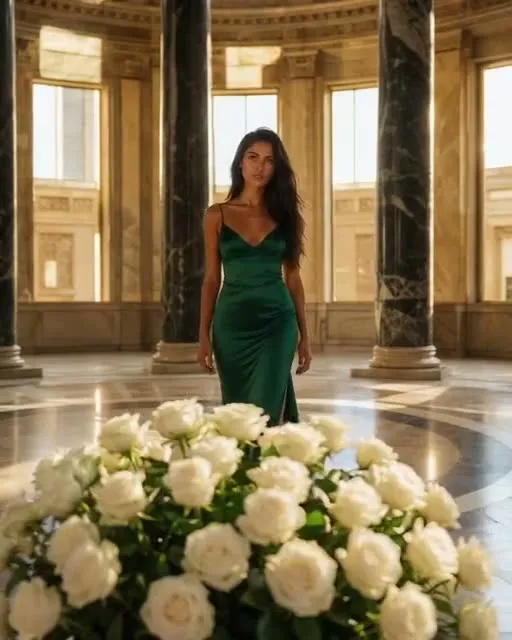 Preview frame of the Reveal shot move in MeetNour Cinematic Shots: white roses fill the foreground, with a woman in a green dress standing in the hall behind them