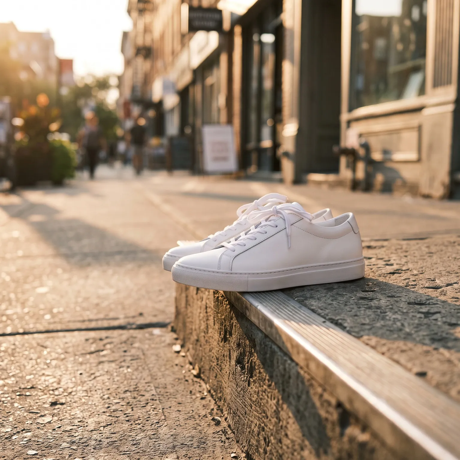 White leather sneakers on a concrete step in a sunlit street generated with Nano Banana 2 in MeetNour