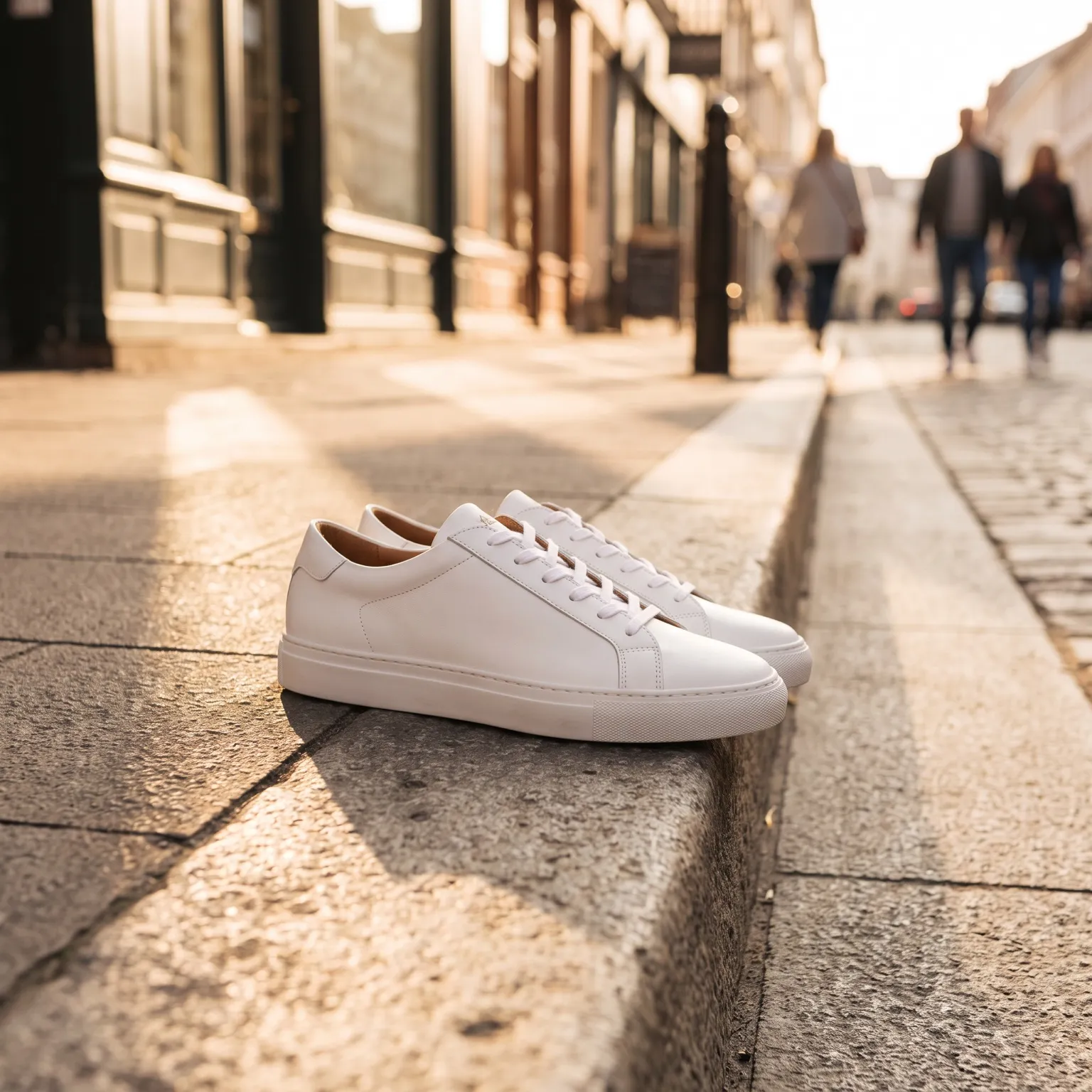 White leather sneakers on a concrete step in a sunlit street generated with Nano Banana Pro in MeetNour
