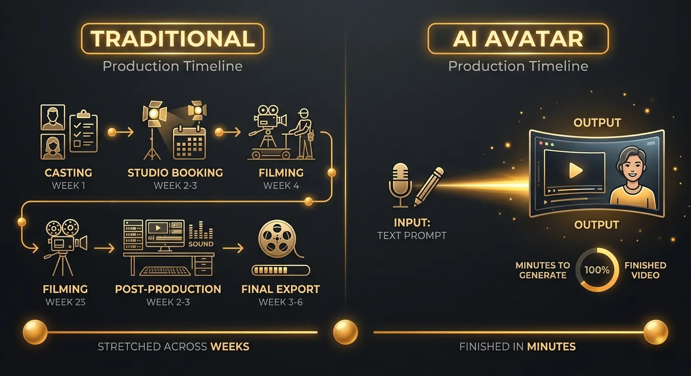 Side-by-side comparison showing the traditional content pipeline (weeks) versus the AI avatar pipeline (minutes)