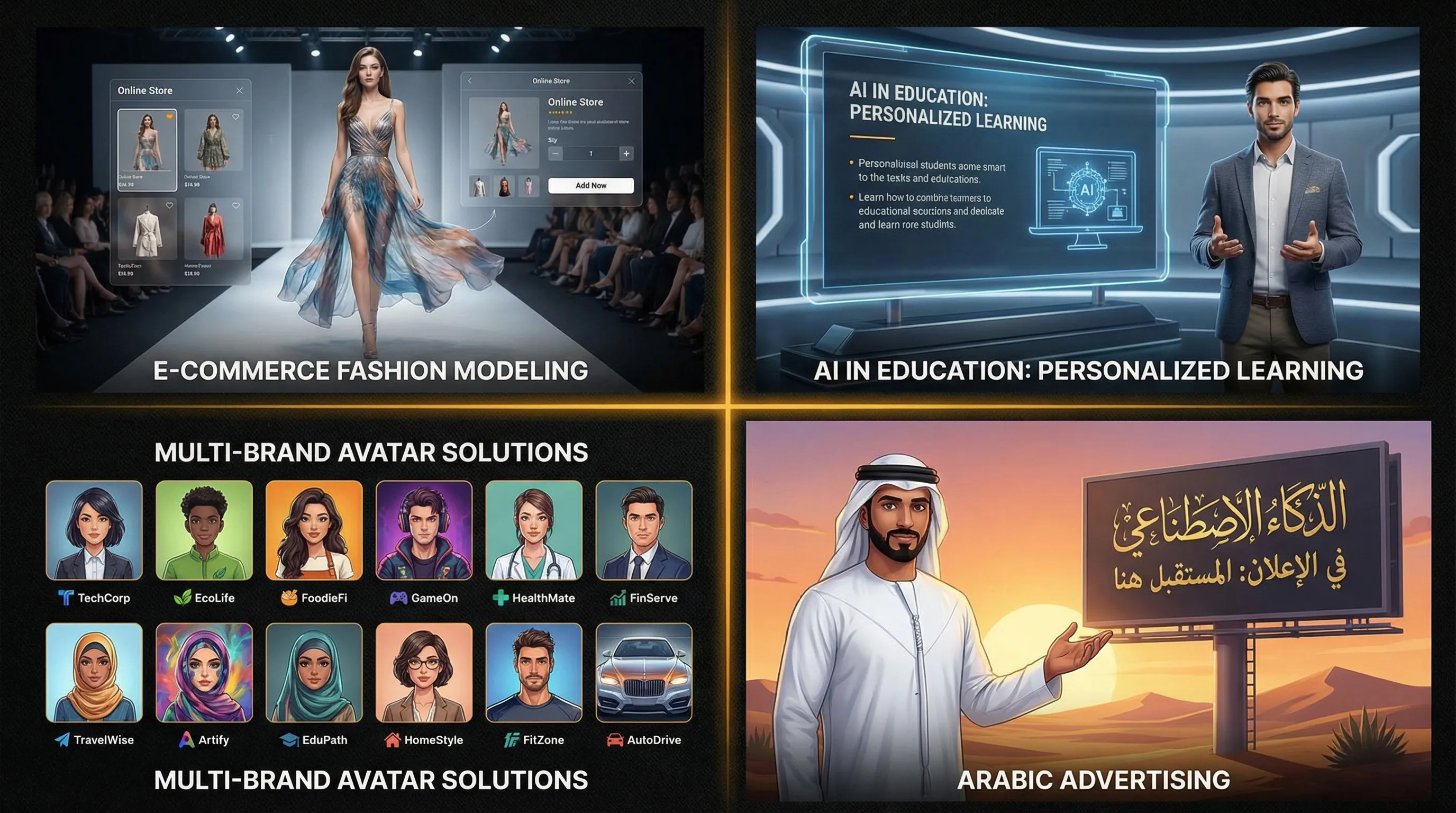 Four different use cases for AI avatars — e-commerce product modeling, educational content, social media agency, and Arabic brand advertising