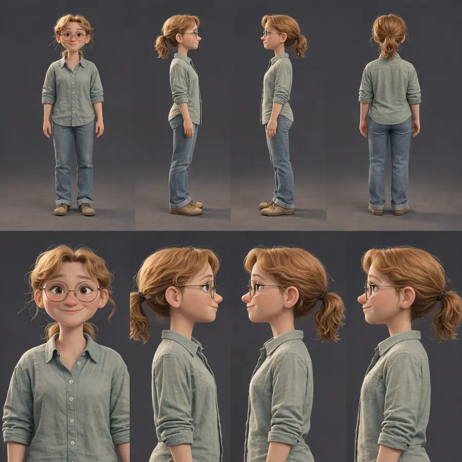 AI character turnaround sheet in 3D animation style — consistent character from all sides