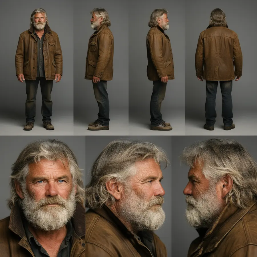 AI avatar identity sheet — the same generated person shown from multiple angles for consistency