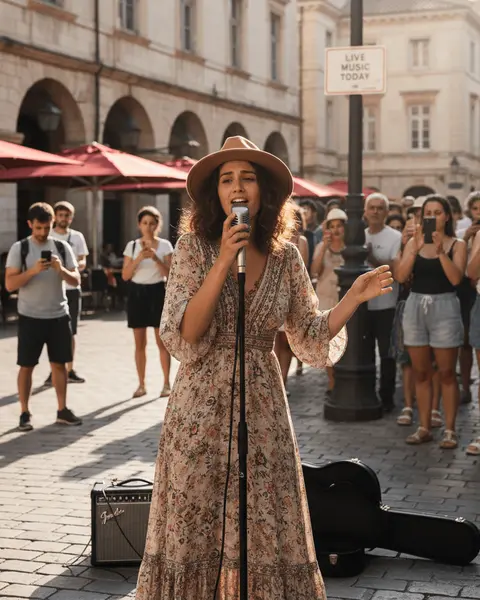 AI generated video frame — street performer singing