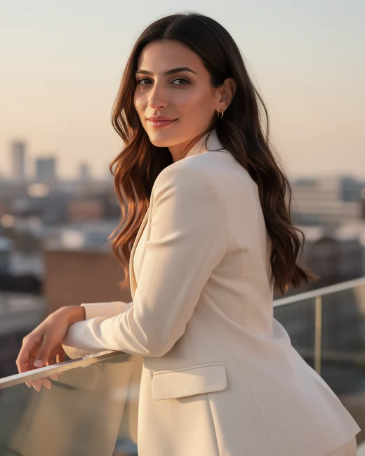 The same AI spokeswoman in a golden-hour campaign image — MeetNour