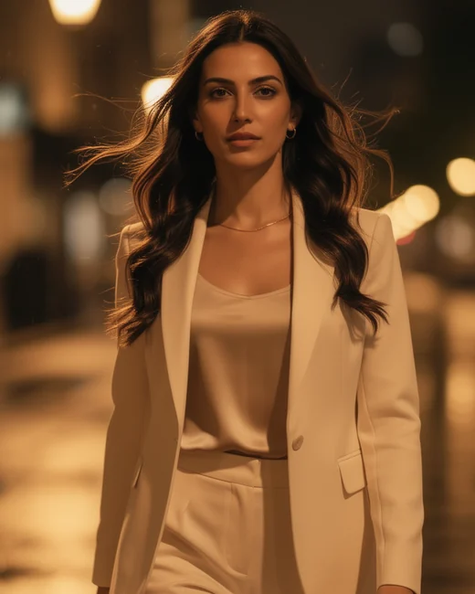 The same AI spokeswoman in a night-scene campaign image — MeetNour