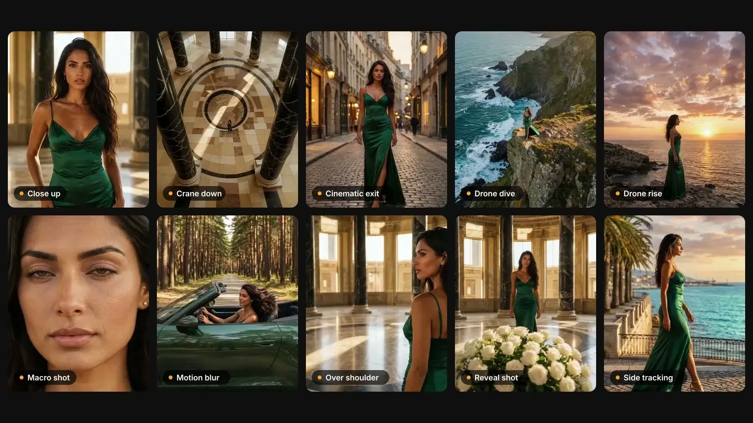 Ten AI camera moves applied to the same photo, from close up and crane down to drone rise and side tracking, in the MeetNour VFX Studio move library